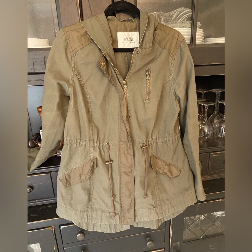 Sebby Collection hooded olive green jacket.